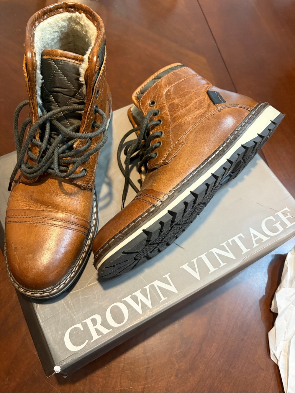 Crown Vintage Tan-Brown Leather Lace-Up Men's Boots with Shearling Lining